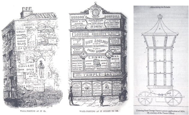 i+Diseño. (Izq.) Ilustración que muestra cómo es y cómo debería ser una fachada para carteles, de William Smith, 1863.(Dcha.).Carro con columna estructurado para albergar anuncios. Dibujo de la patente de George Harris de 1824.