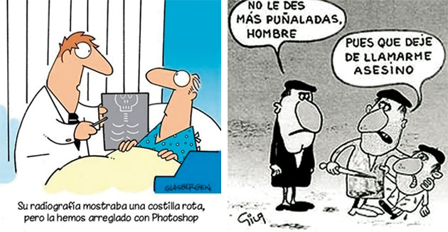 i+Diseño. Ejemplo de caricatura con humor blanco (izquierda) y humor negro (derecha)