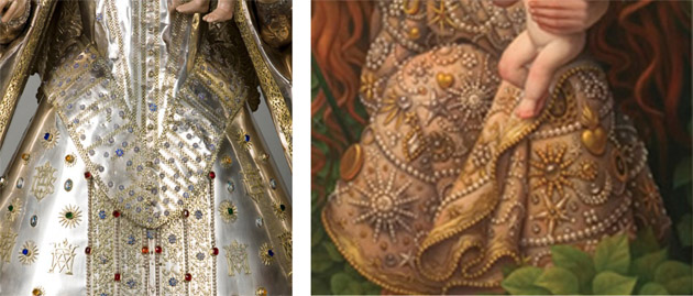 i+Diseño. Detalle del traje de la Virgen del Rosario de Granada,
detalle de vestimenta de la figura en The tree of life.