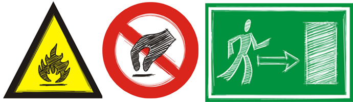 Señales para: peligro de incendio, prohibido tocar y salida salvamento derecha
