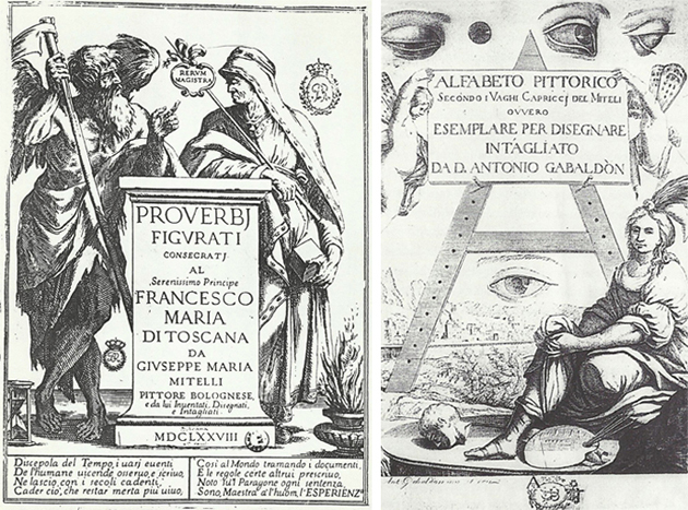 Fig. 9. Giuseppe Maria Mitelli, Proverbi Figurati, 1678. Biblioteca Nacional, Madrid/
    Fig. 10. Antonio Gabaldón, Alfabeto pittorico, frontispicio y letra A