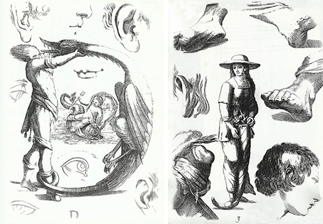 Fig. 11. Antonio Gabaldón, Alfabeto pittorico, letra D / Fig. 12. Antonio Gabaldón, Alfabeto pittorico, letra J