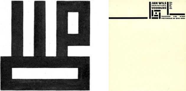 (Izq.)Theo van Doesburg, Monograma de J.J.P. Oud, 1917/
           (Dcha.)Piet Zwart, Diseño de papel con membrete para el arquitecto Jan Wils, 1920