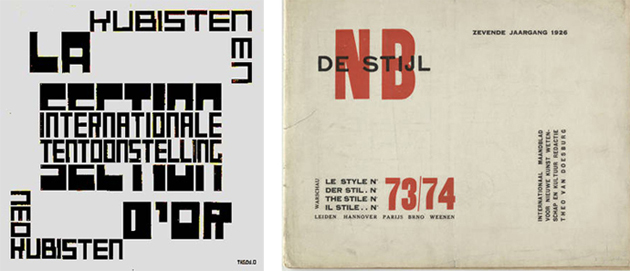 (Izq.) Theo van Doesburg, Diseño de póster para la exposición de la Section d'Or, 1920/
(Dcha.) Van Doesburg y Piet Mondrian, Portada de la Revista nuevo formato (desde 1921), 1926