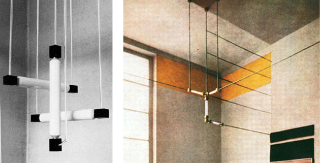 (Izq.)Gerrit Rietveld, Lámpara de techo, 1920 / (Dcha.)
           Walter Gropius, Lámpara de techo del despacho del director en la Bauhaus de Weimar, 1923
