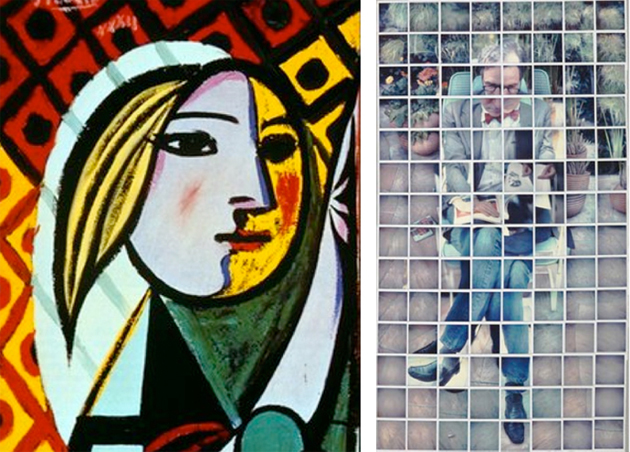 4. (Izquierda) Aplicación del concepto cubista puro. Pablo Picasso 1932 (detalle).
            5. (Derecha) Aplicación del mismo concepto cubista.
            David Hockney 1982 (foto montaje)